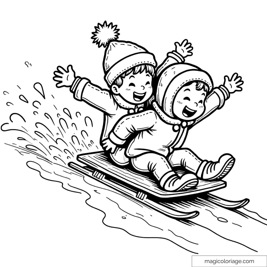 Dessin de deux enfants riant en faisant de la luge à toute vitesse, à colorier