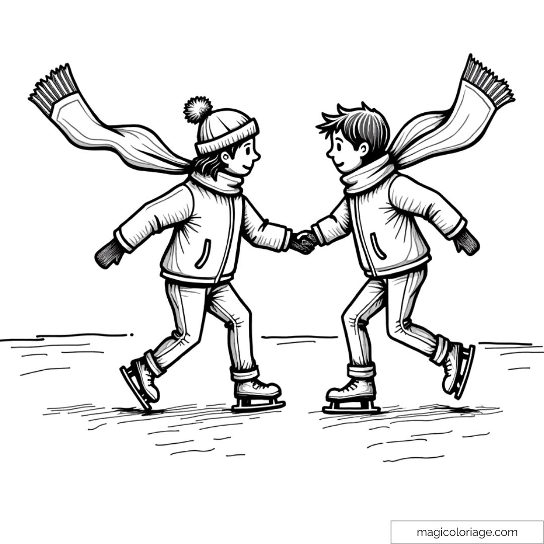 Dessin de deux enfants patinant main dans la main avec des écharpes volant au vent, à colorier