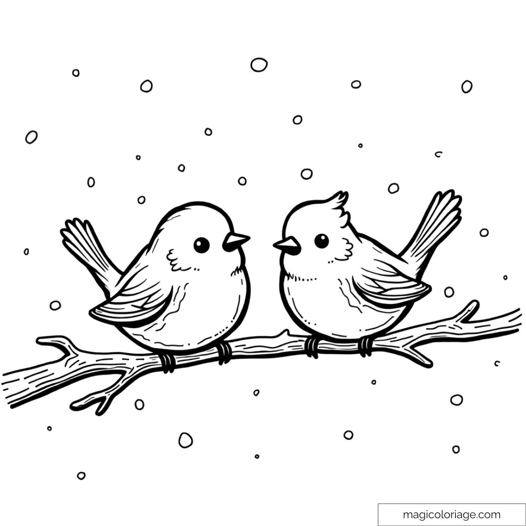 Dessin de deux oiseaux perchés sur une branche en hiver avec des flocons de neige à colorier