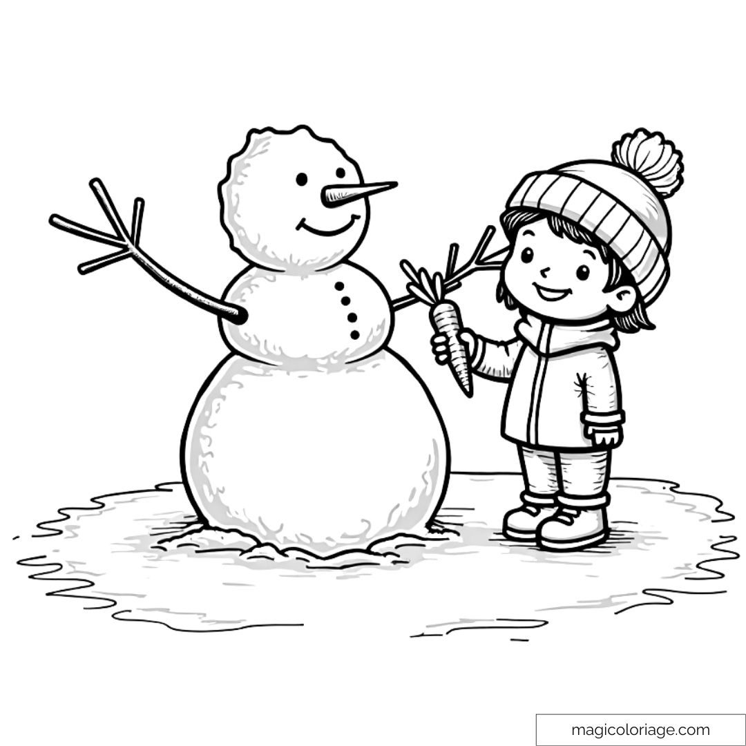 Enfant ajoutant une carotte au nez d'un bonhomme de neige avec une écharpe et bonnet d'hiver