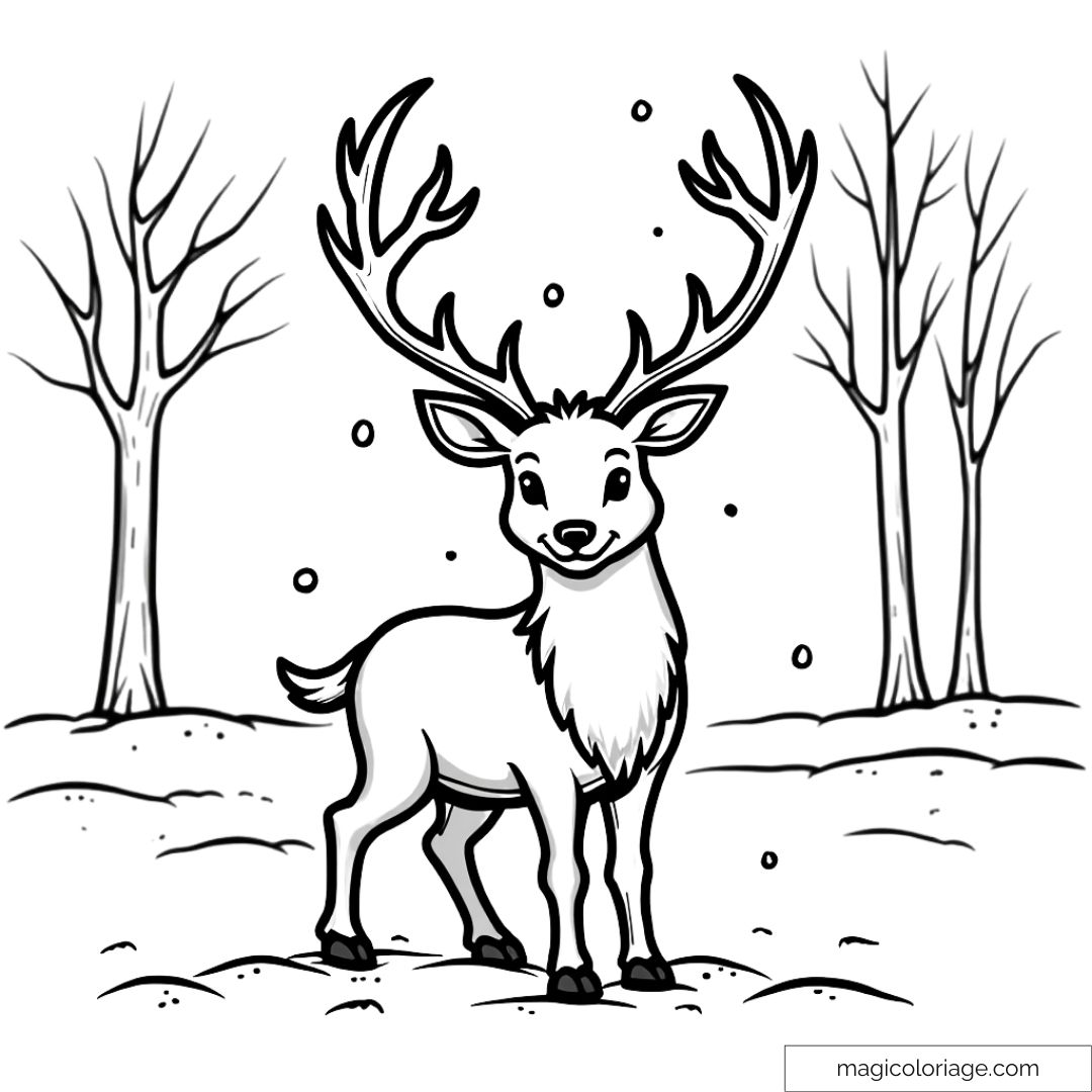 Cerf majestueux avec de grands bois, debout dans une forêt enneigée entourée d'arbres nus