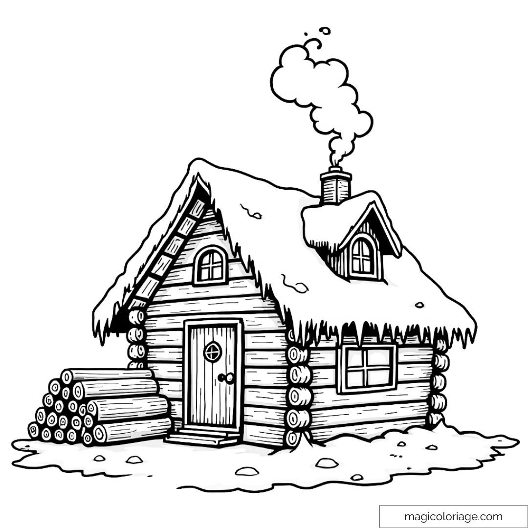 Dessin d'un chalet en bois avec de la neige sur le toit et une cheminée fumante à colorier