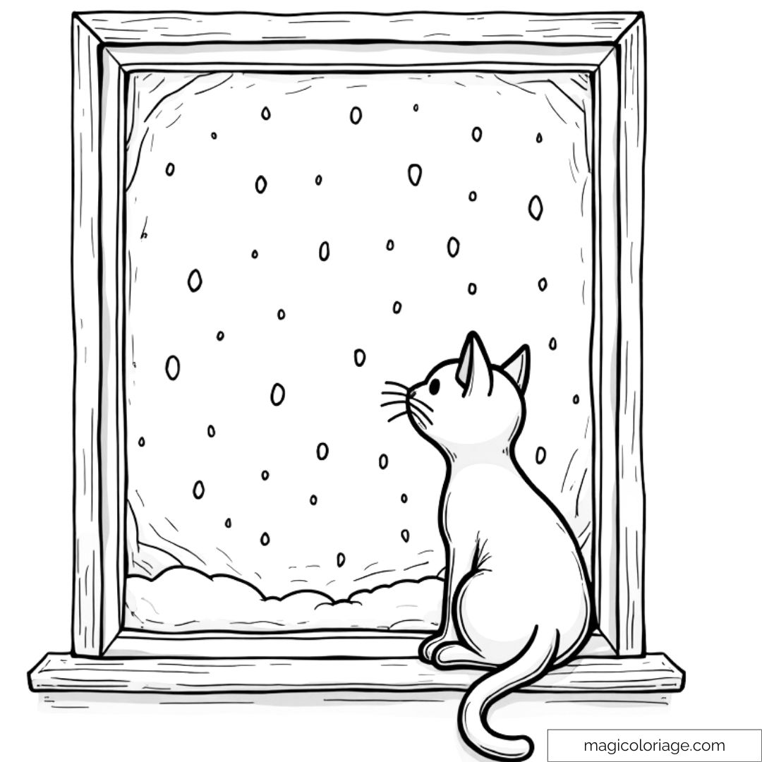 Dessin d'un chat regardant la neige tomber par la fenêtre à colorier