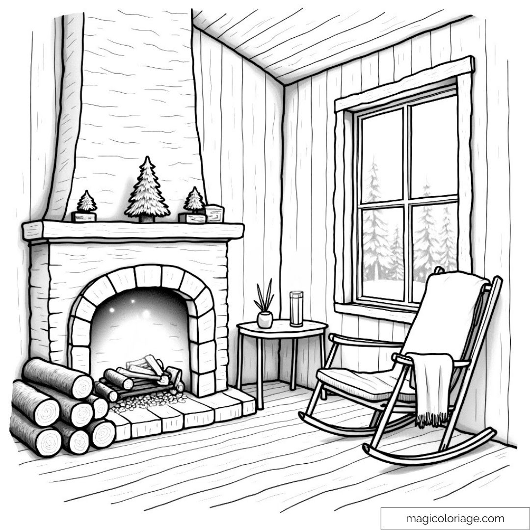 Dessin d'un coin cheminée avec un fauteuil à bascule, des bûches et une vue sur la neige, à colorier