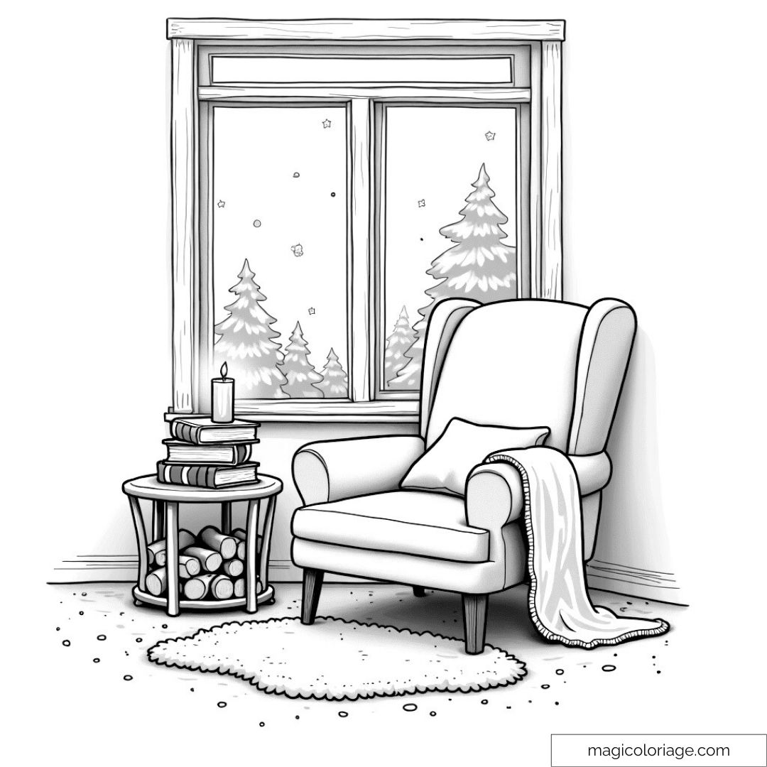 Dessin d'un coin lecture cosy avec un fauteuil, des livres et une vue sur la forêt enneigée à colorier