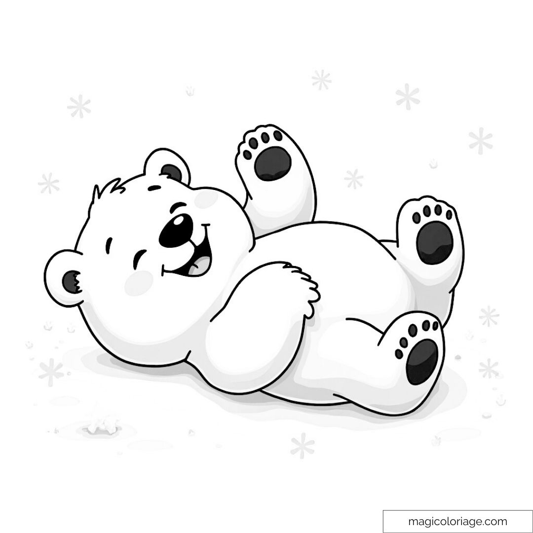 Dessin d'un ourson polaire souriant allongé dans la neige, à colorier