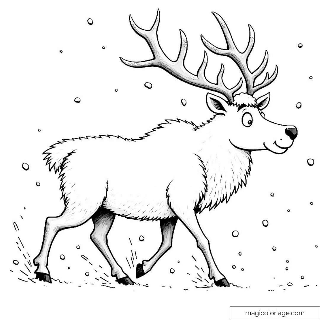 Renne marchant dans la neige, avec un pelage duveteux et de grands bois à colorier