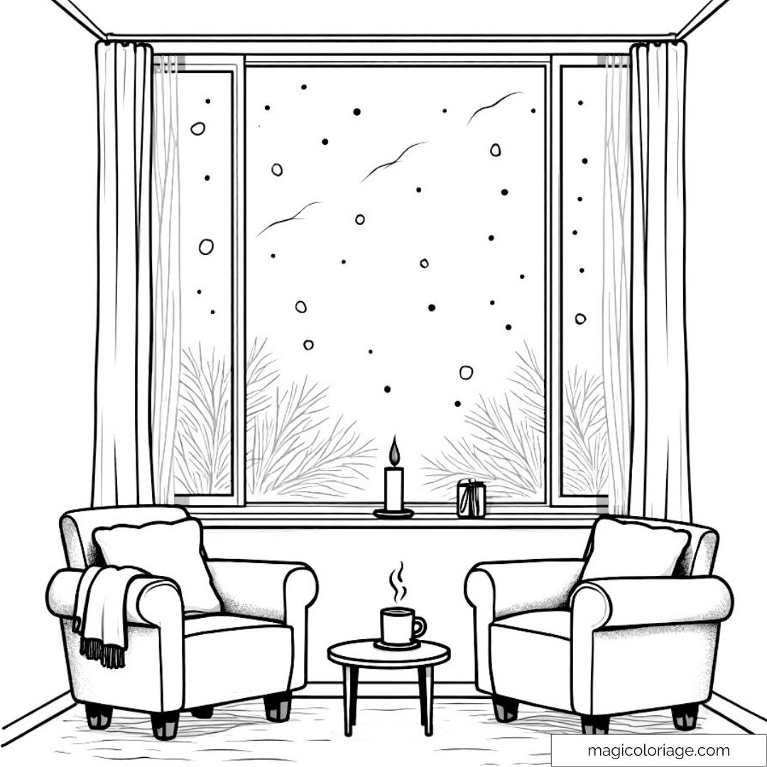 Dessin d'un salon cosy avec deux fauteuils, une table et une vue sur la neige à colorier