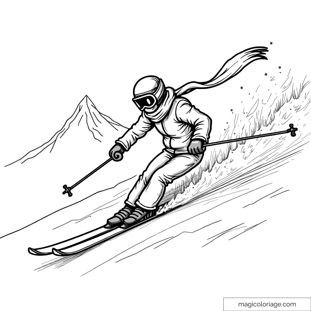 Skieur en pleine descente sur une montagne enneigée, portant un casque et une écharpe volant au vent