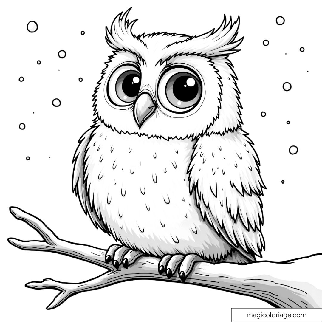 Chouette aux grands yeux, perchée sur une branche en hiver avec des flocons de neige à colorier