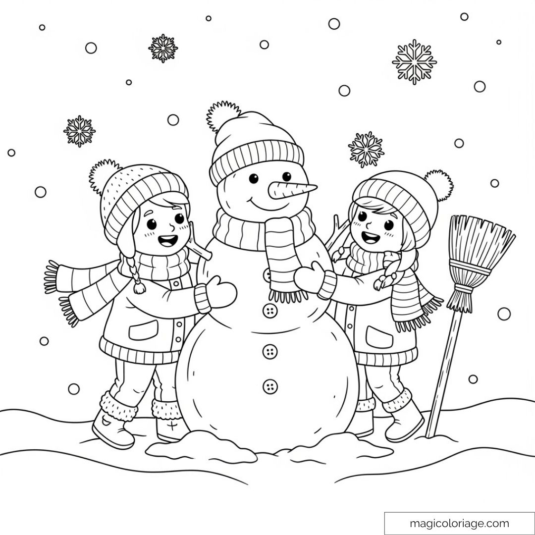 Dessin enfants jouant avec bonhomme de neige et flocons de neige