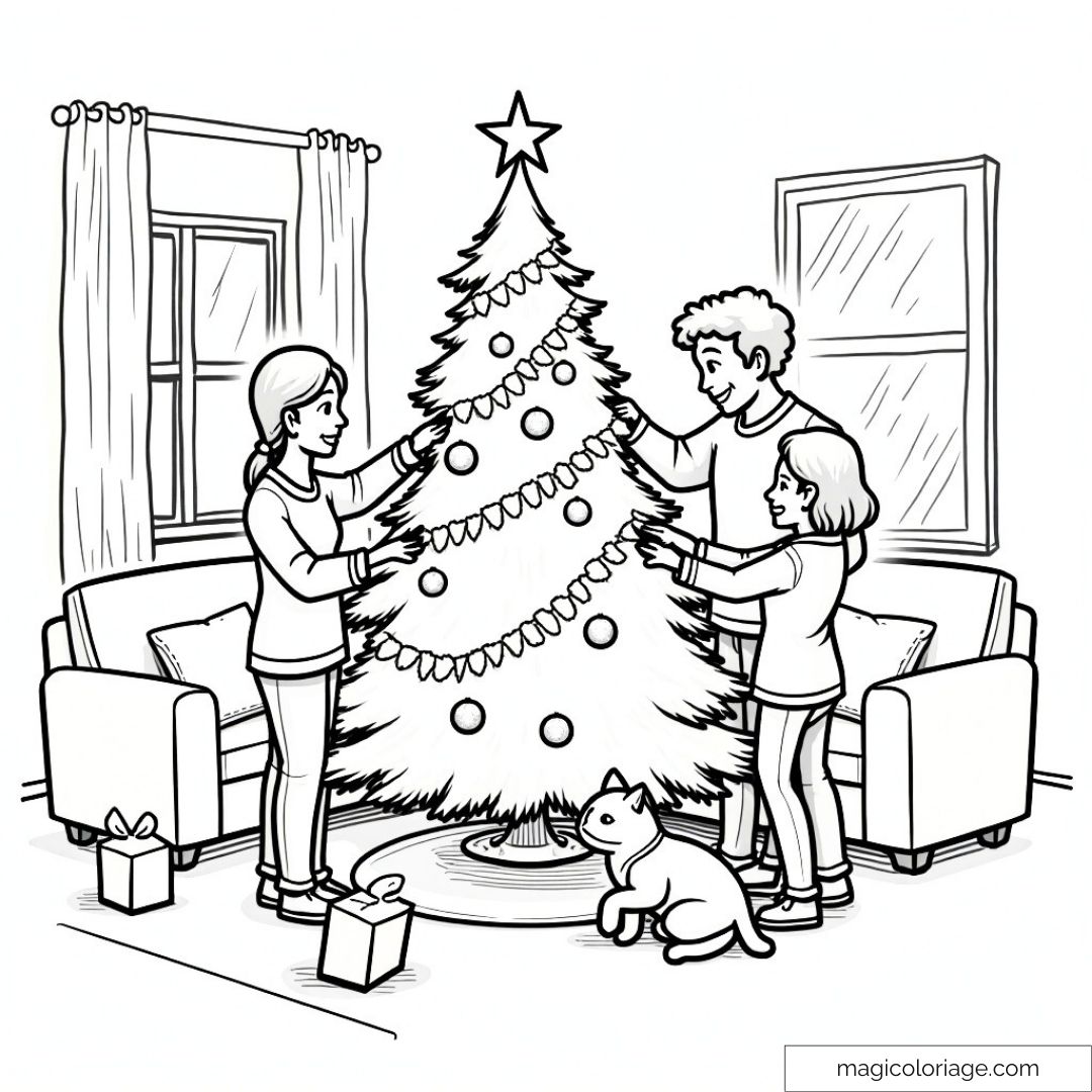 Famille décorant un sapin de Noël avec des guirlandes et des boules, entourée de cadeaux et d'un chat