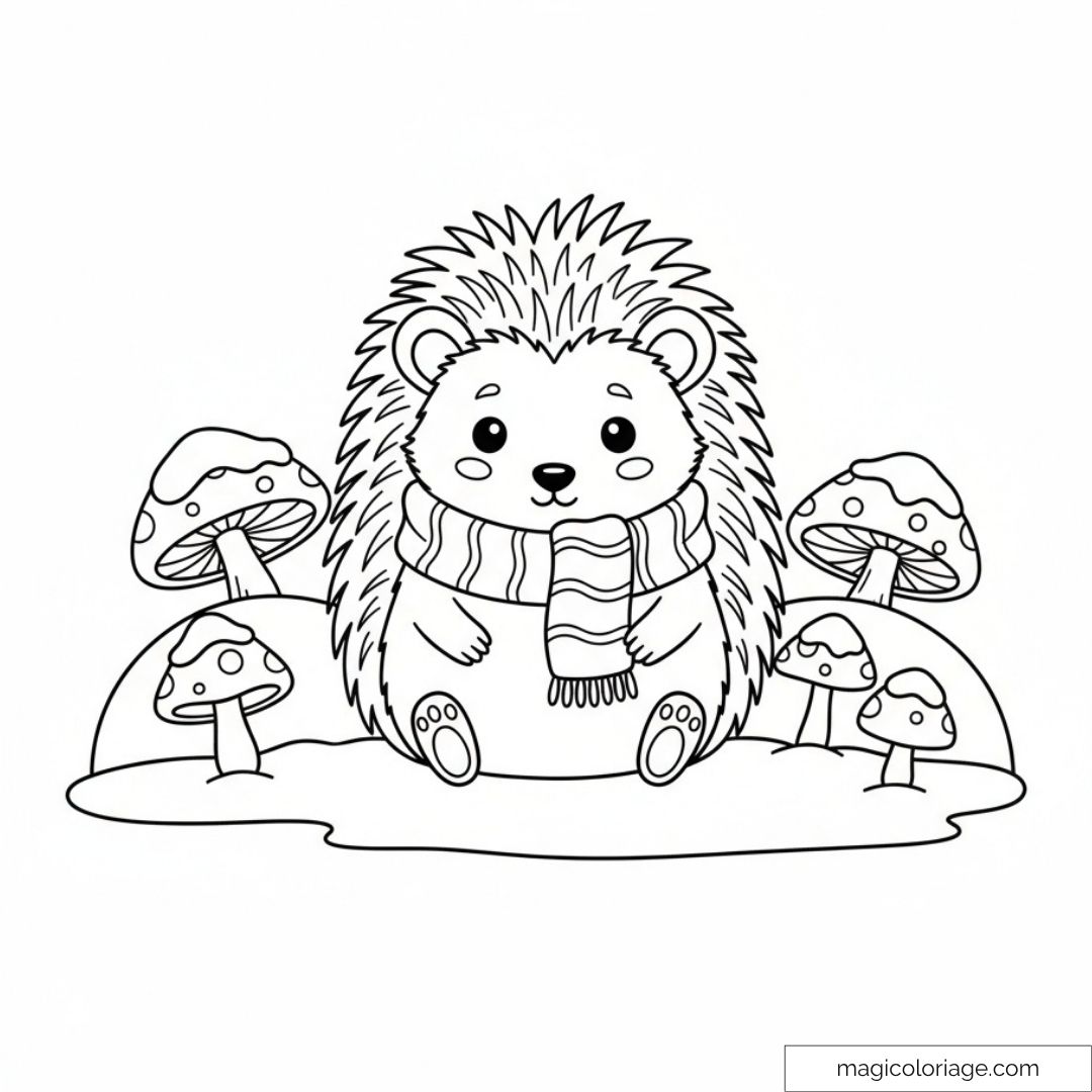 Hérisson mignon entouré de champignons
