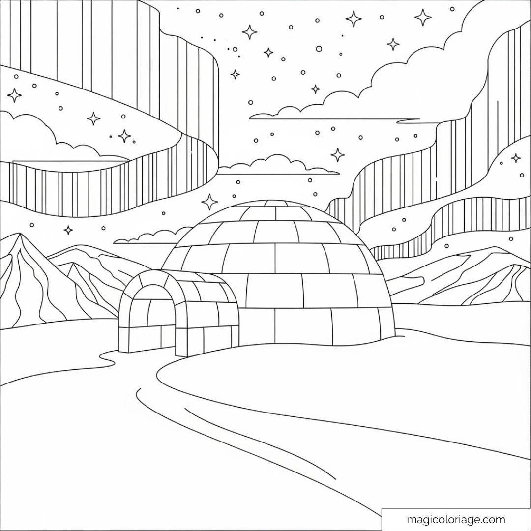 Dessin d'un igloo sous les aurores boréales dans une scène arctique.