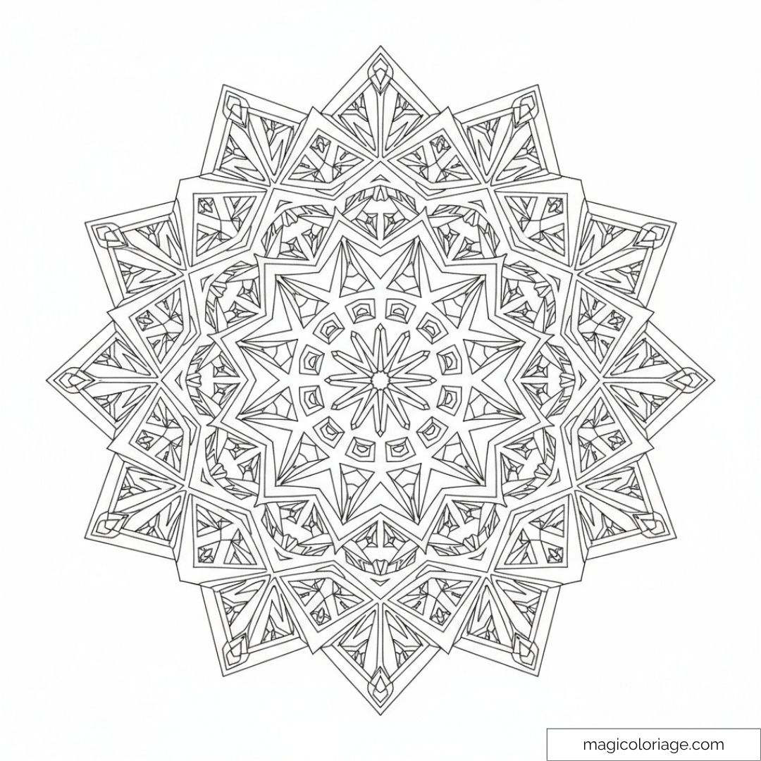 Mandala géométrique détaillé à colorier pour relaxation et créativité.