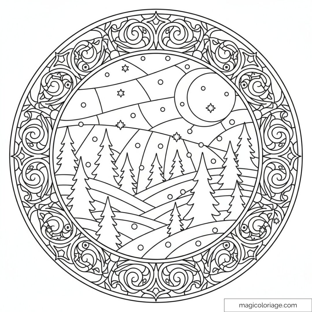 Mandala de nuit étoilée avec sapins enneigés et motifs floraux.
