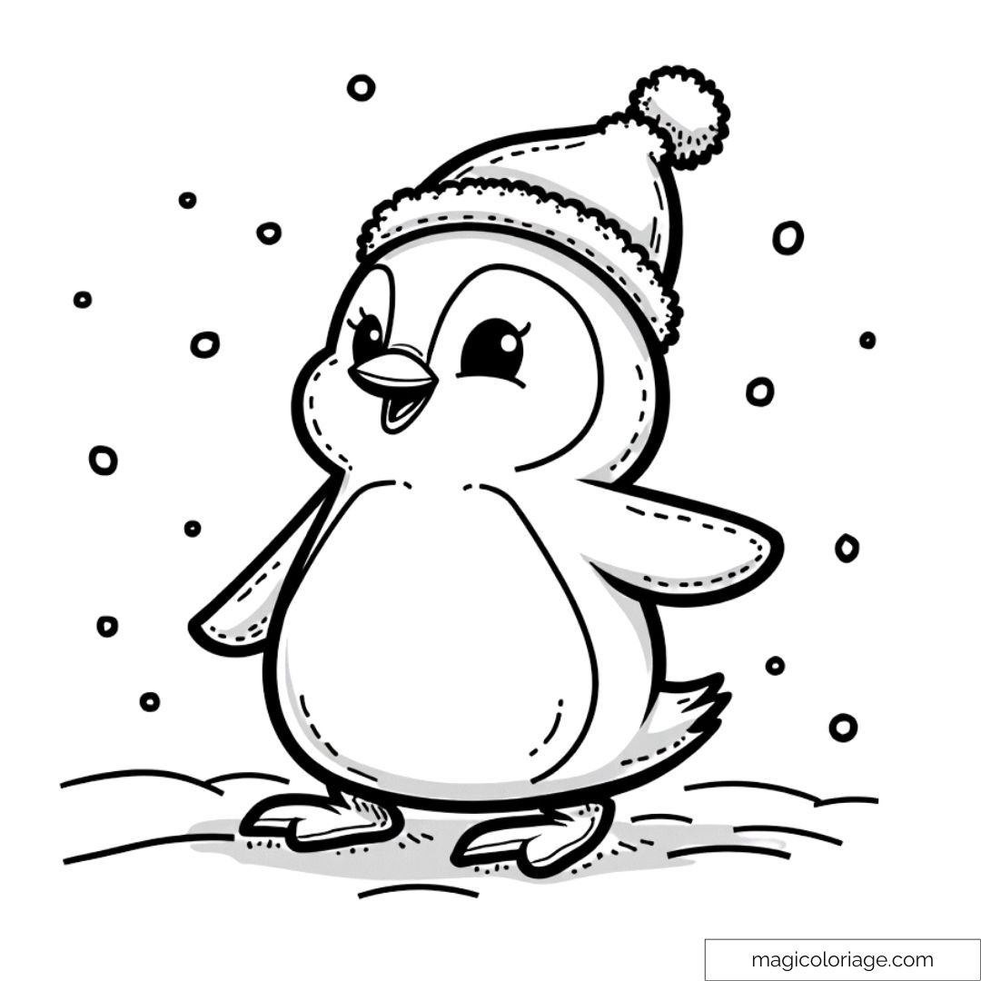 Petit pingouin portant un bonnet d'hiver, debout sous des flocons de neige à colorier