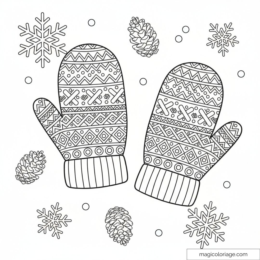 Dessin de moufles avec motifs hivernaux et flocons de neige autour.