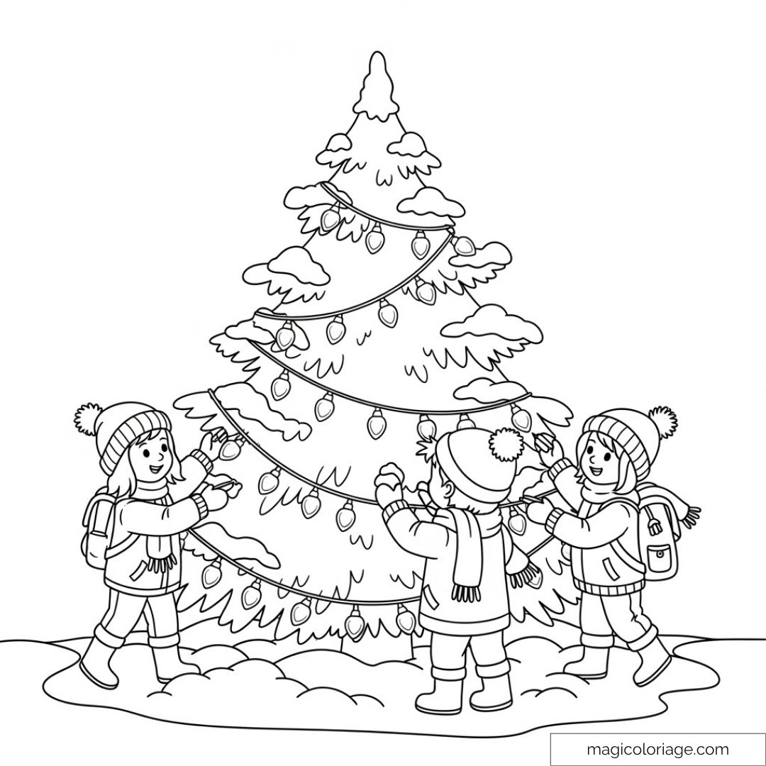 Dessin d'enfants décorant un sapin de Noël avec des guirlandes.