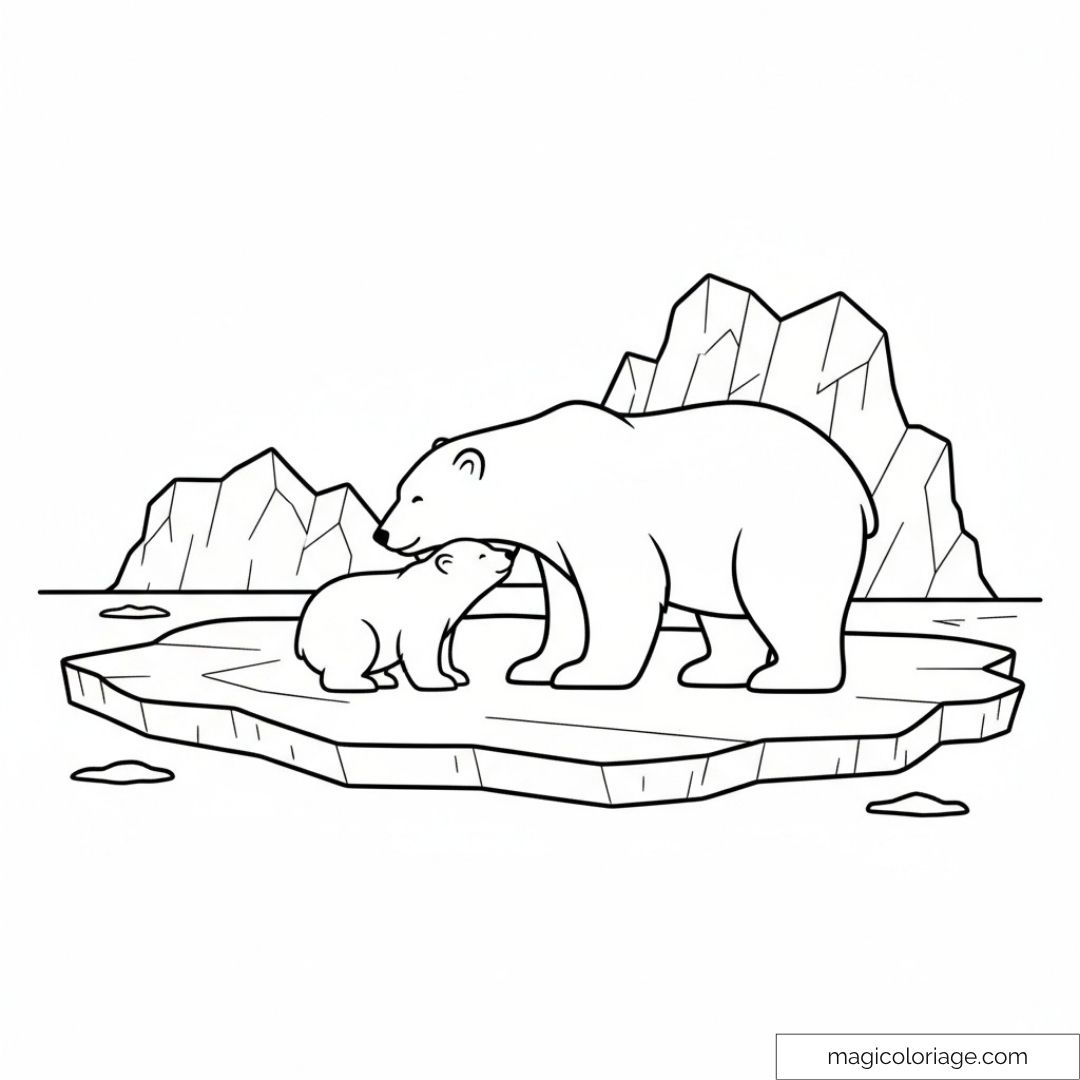 Dessin en ligne de deux ours polaires sur une banquise avec montagnes.