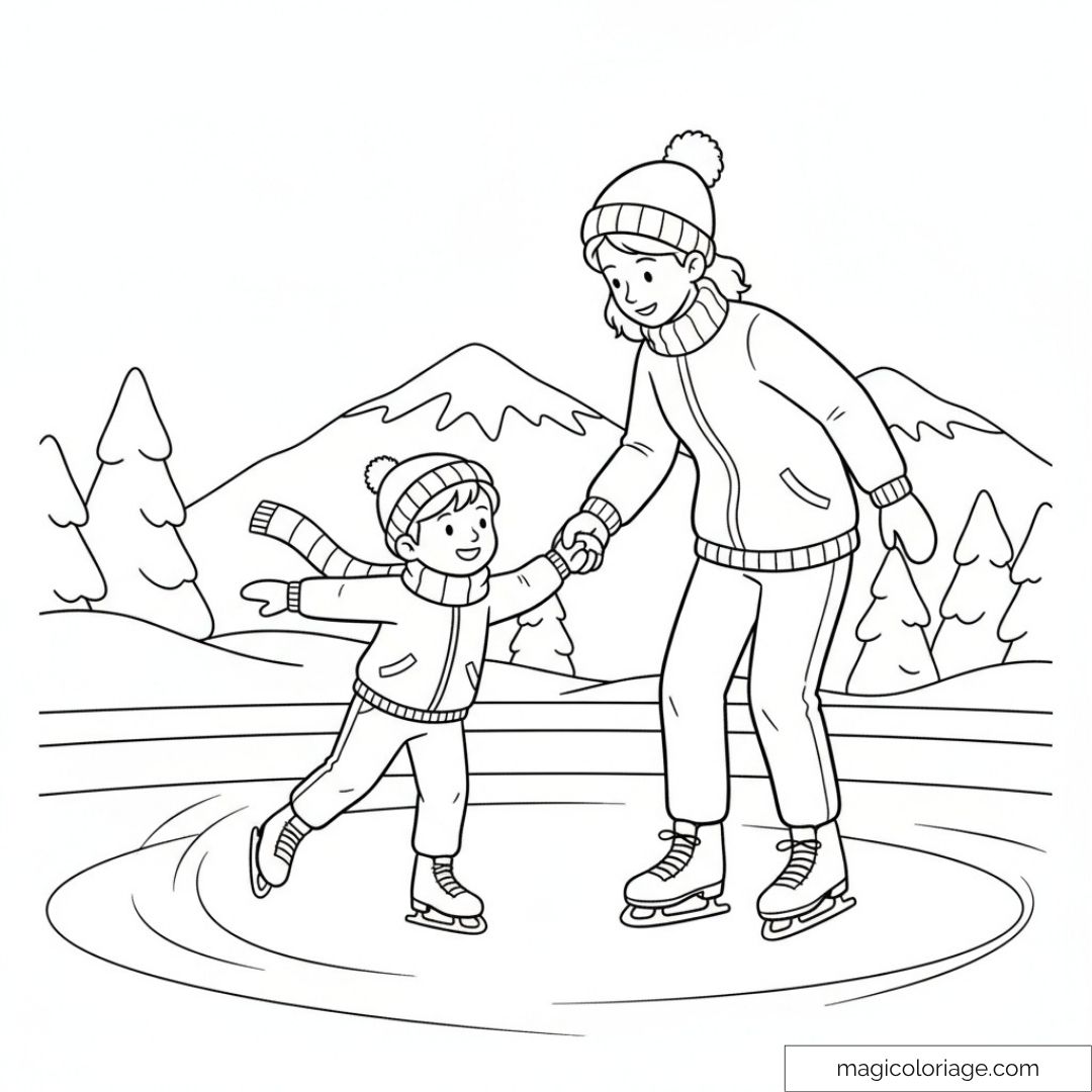 Dessin d'une mère et d'un enfant patinant sur un lac gelé entouré de montagnes