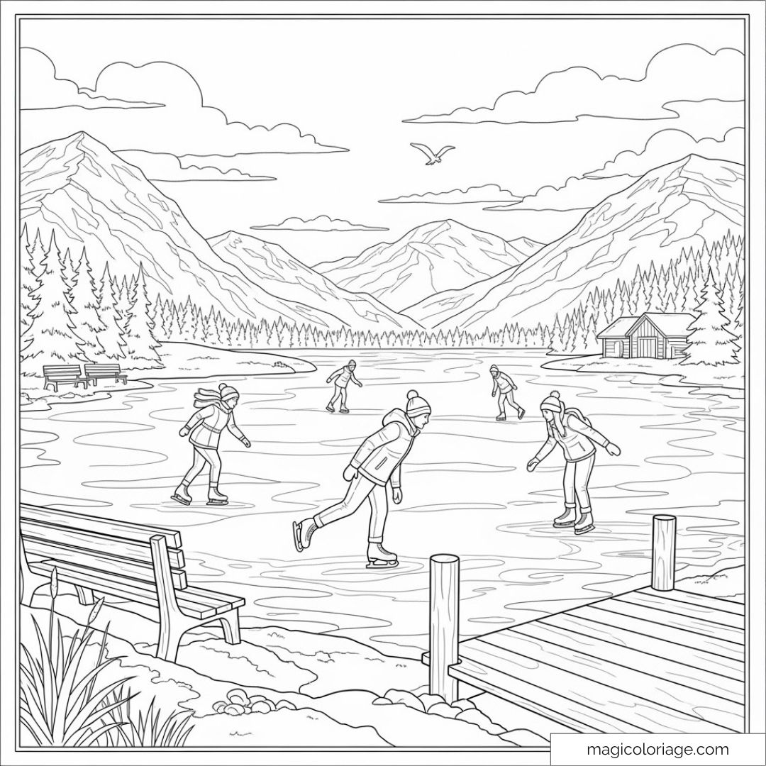 Scène de patinage sur lac gelé avec montagnes et cabane en arrière-plan.
