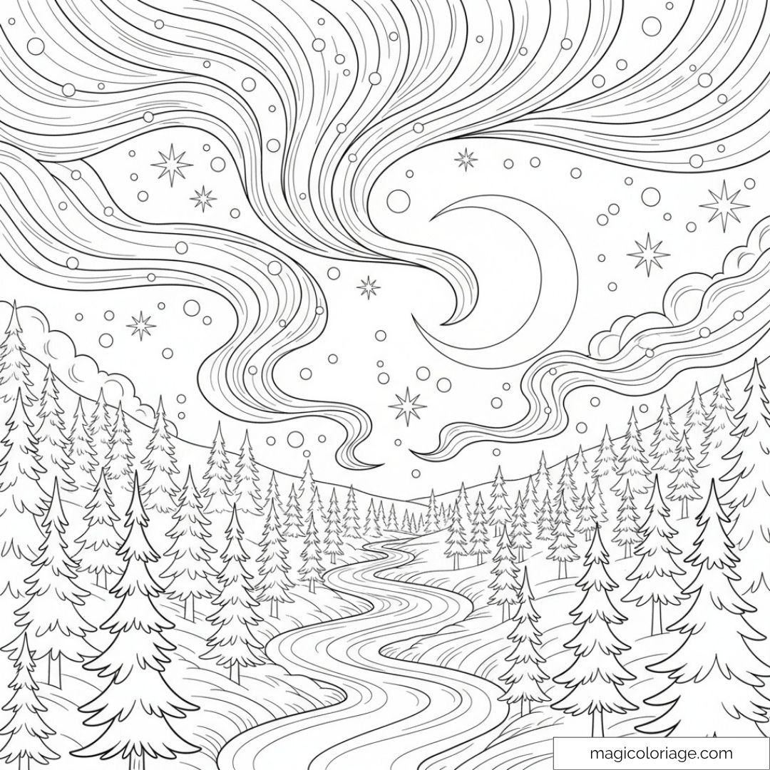 Dessin de rivière sous ciel étoilé avec forêt de sapins.