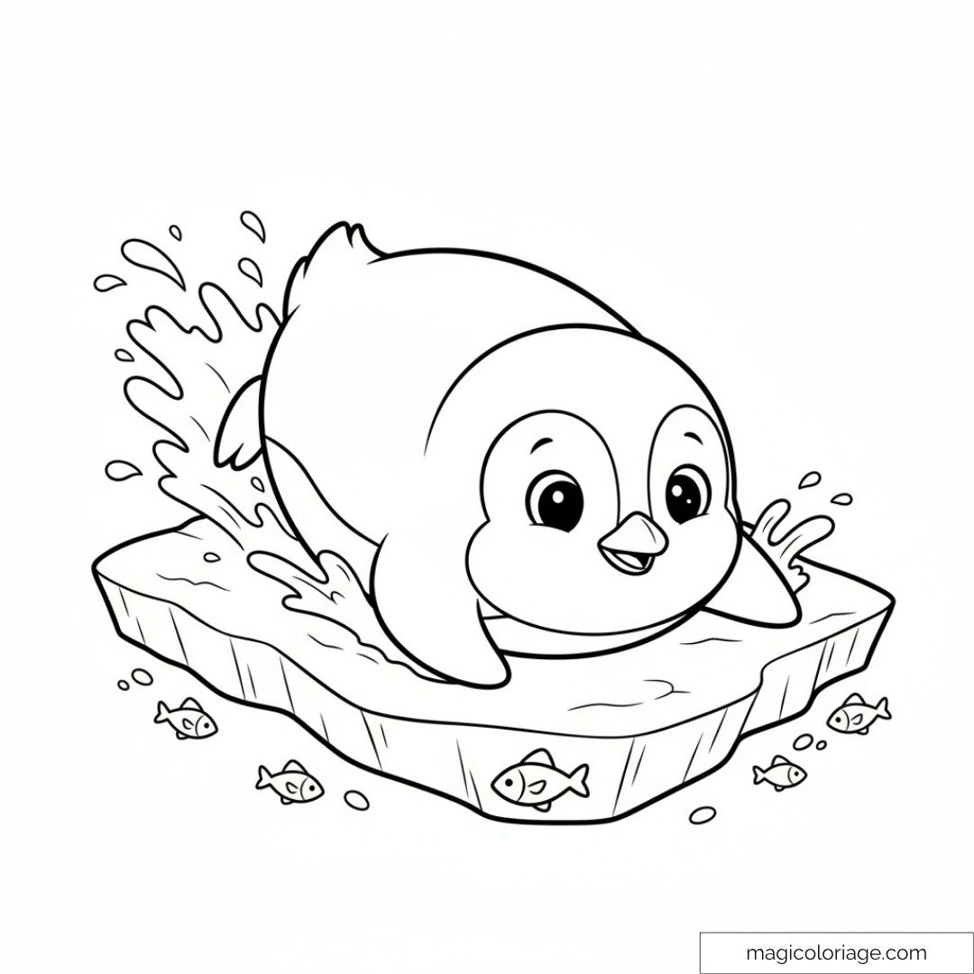 Dessin de pingouin sur banquise avec poissons