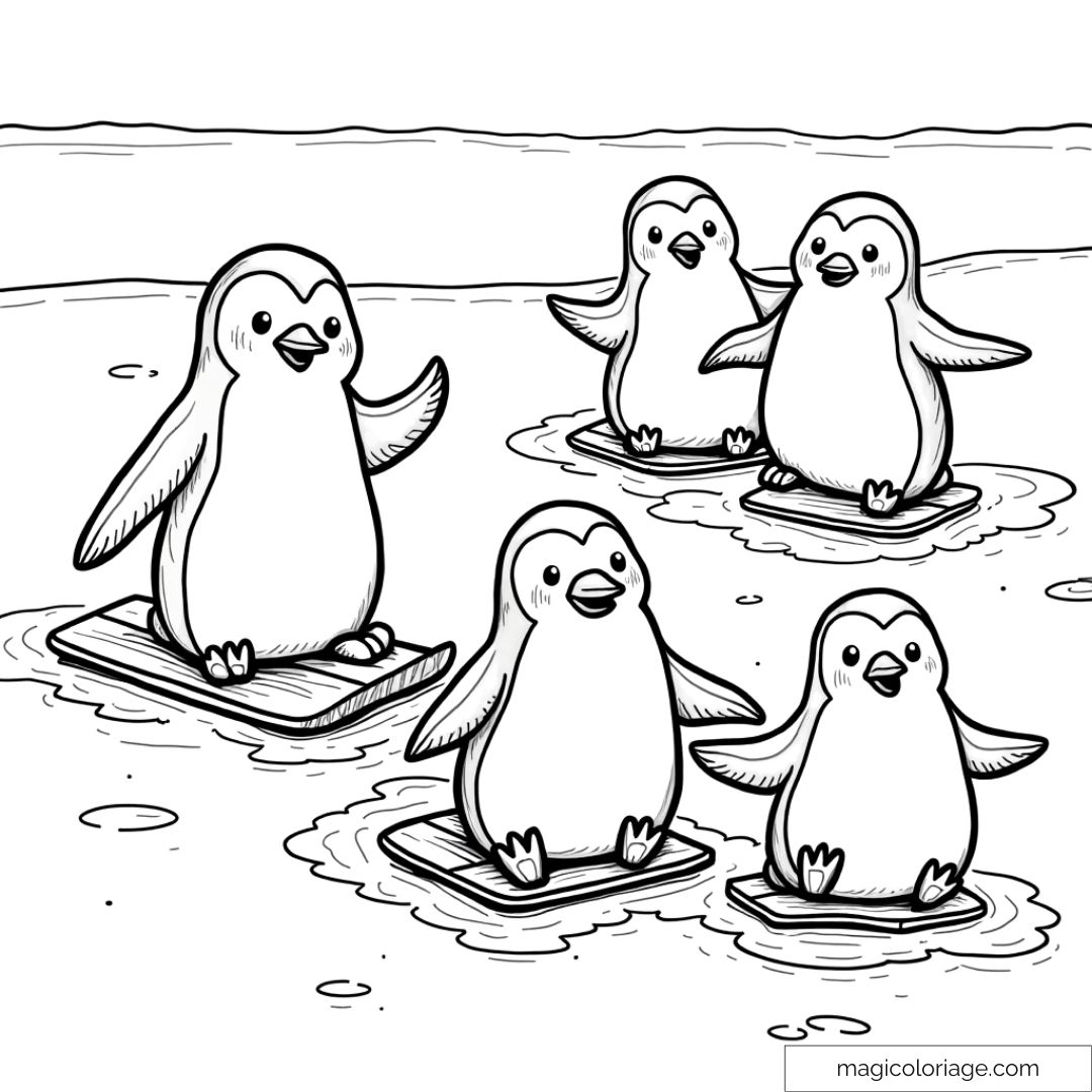 Dessin de quatre pingouins surfant sur des plaques de glace à colorier