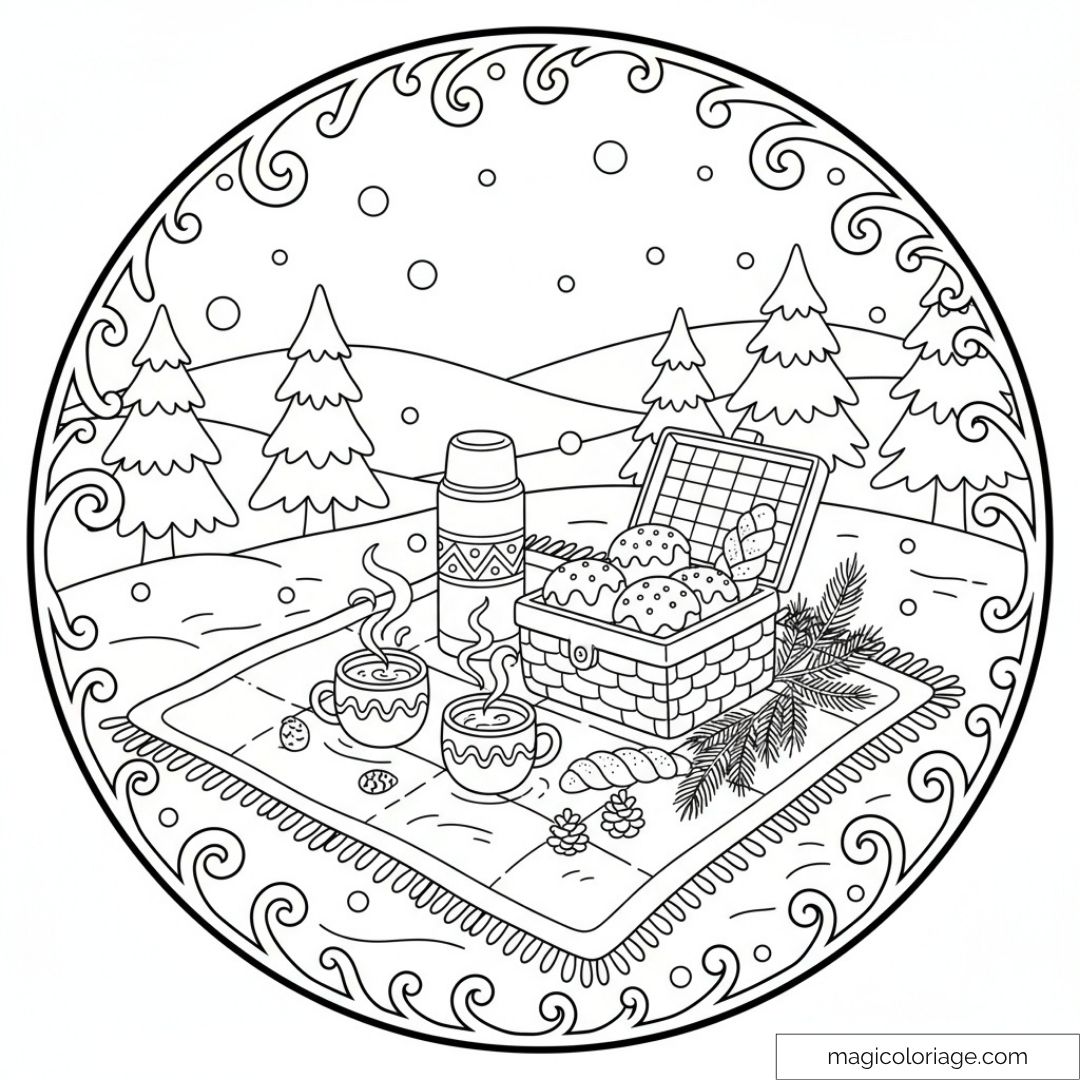 Dessin de pique-nique en hiver avec neige