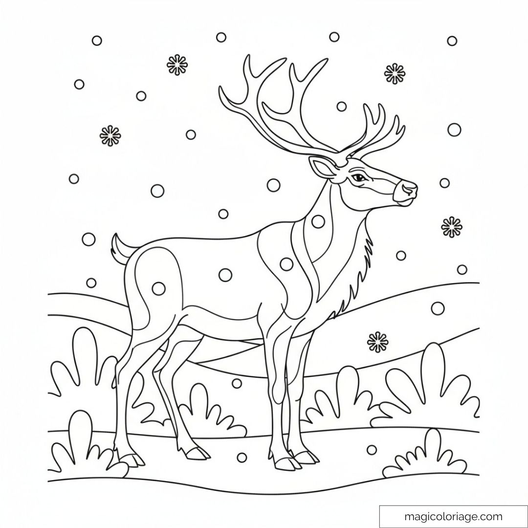 Renne majestueux sous la neige avec des flocons et des collines.