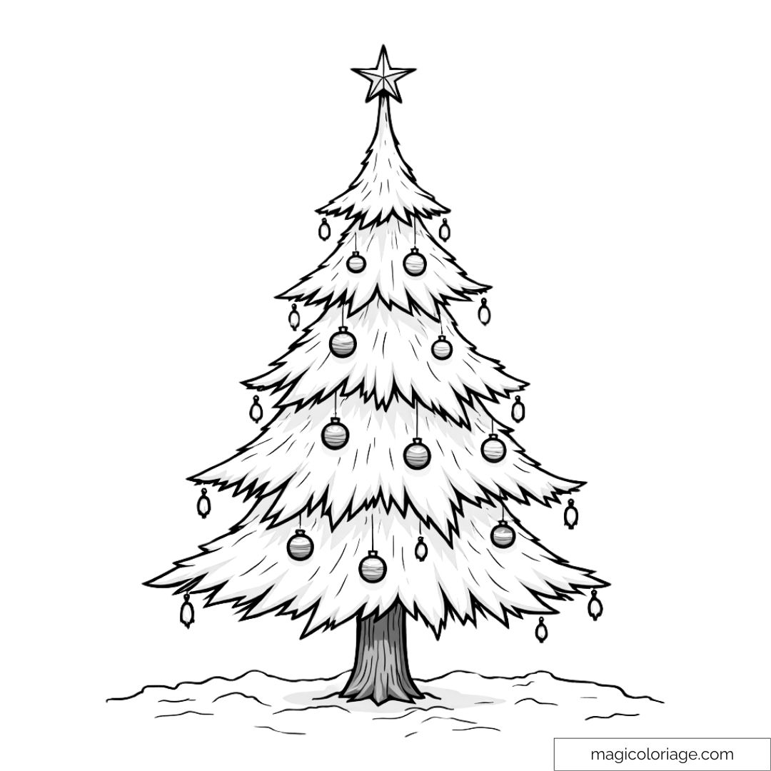 Dessin de sapin de Noël décoré avec des boules et une étoile, posé dans la neige à colorier