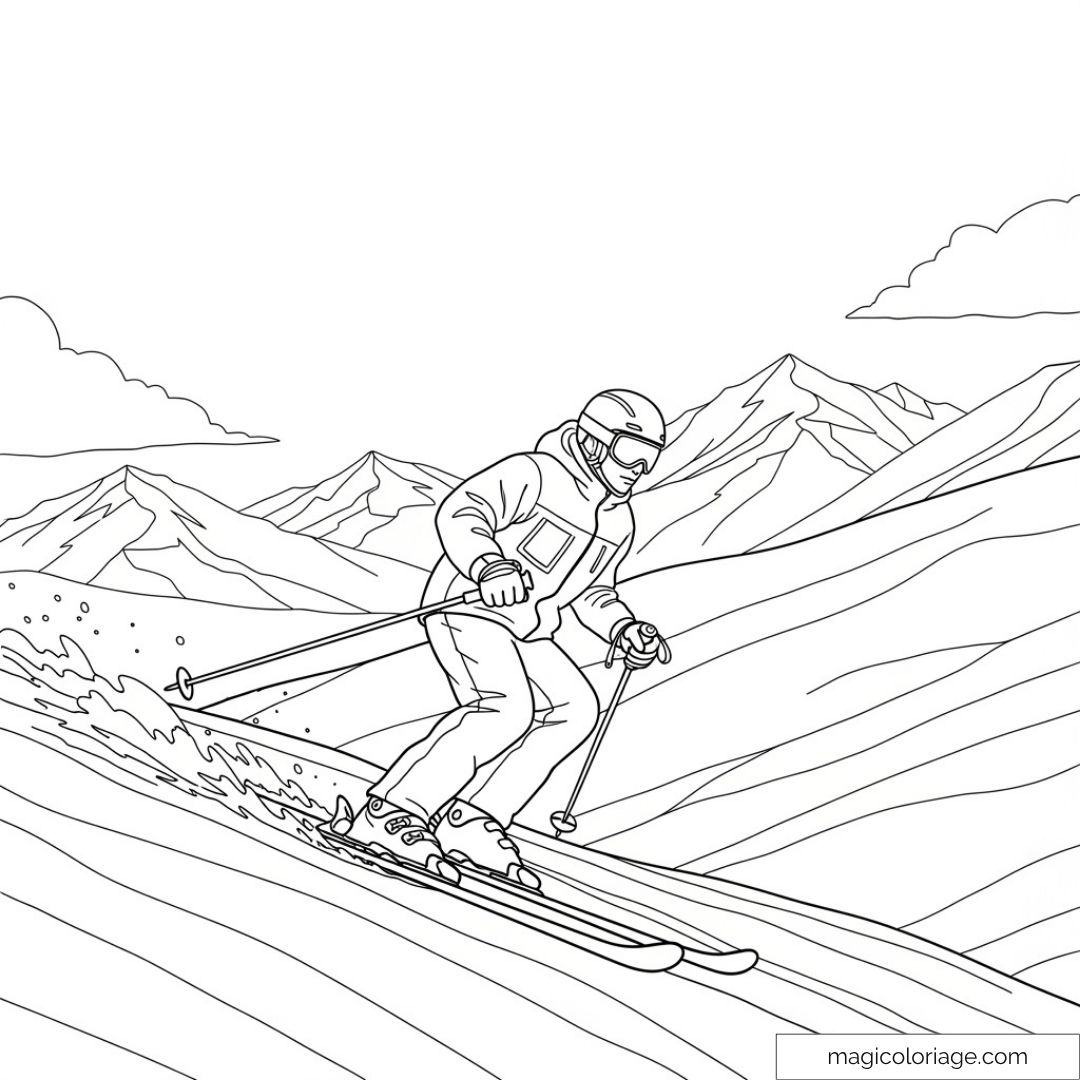 Skieur descendant une montagne enneigée avec des montagnes en arrière-plan.