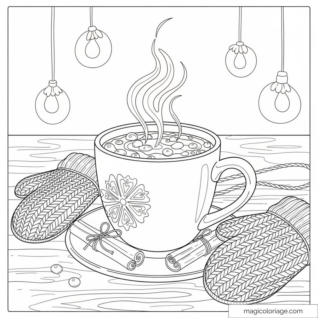 Dessin de tasse de chocolat chaud avec gants tricotés