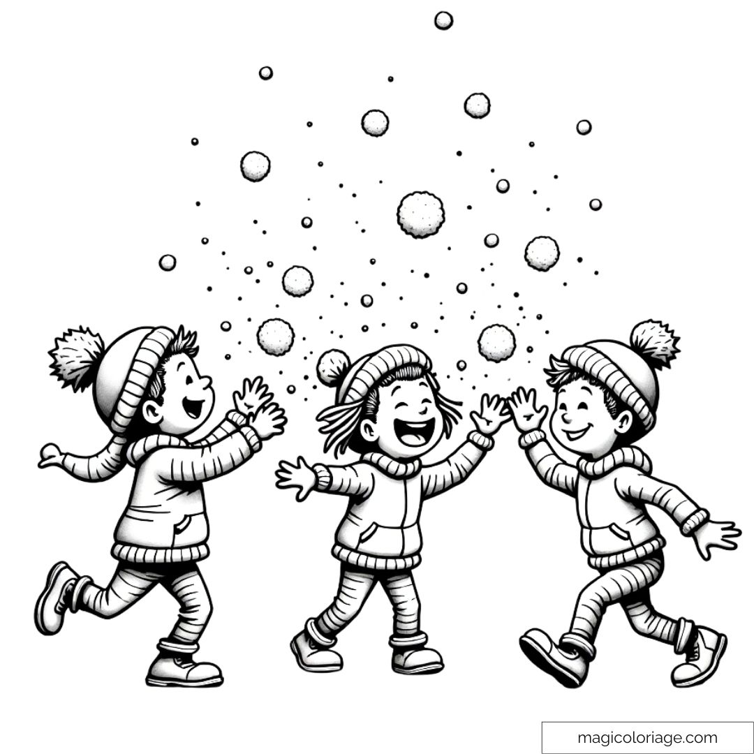 Dessin de trois enfants riant et jouant sous des flocons de neige, à colorier