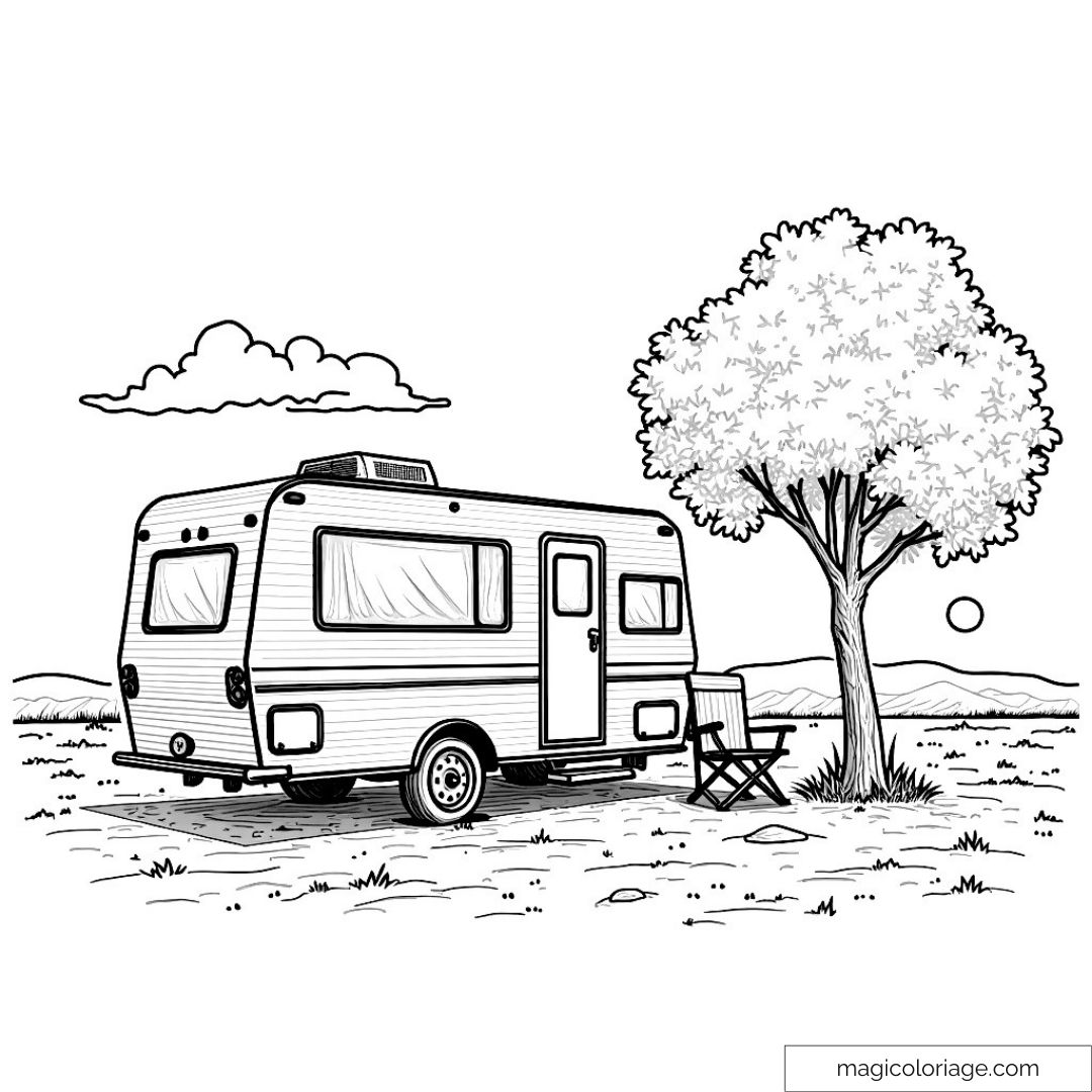Dessin de caravane sous un arbre avec ciel dégagé.