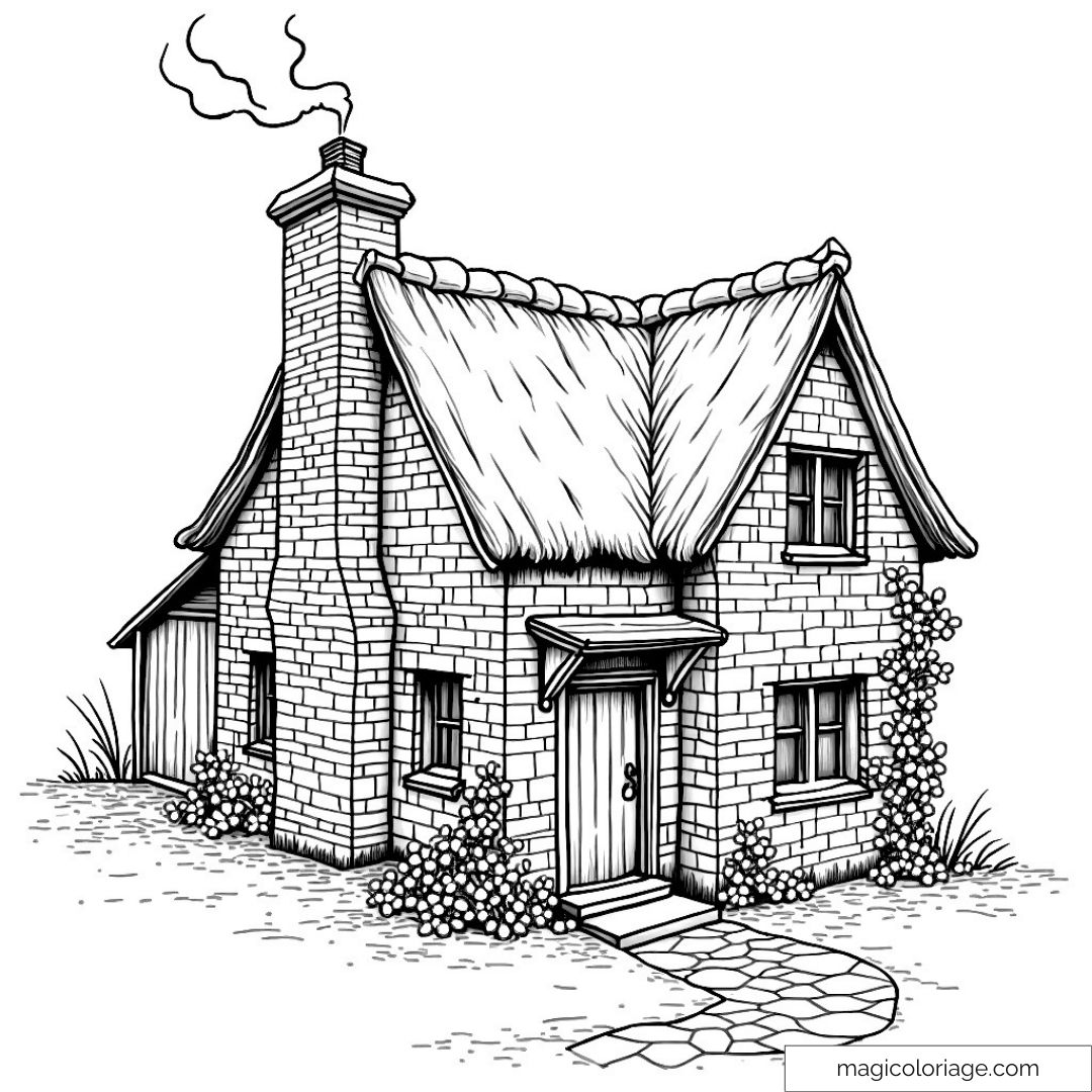 Dessin de cottage pittoresque avec toit de chaume et cheminée fumante.