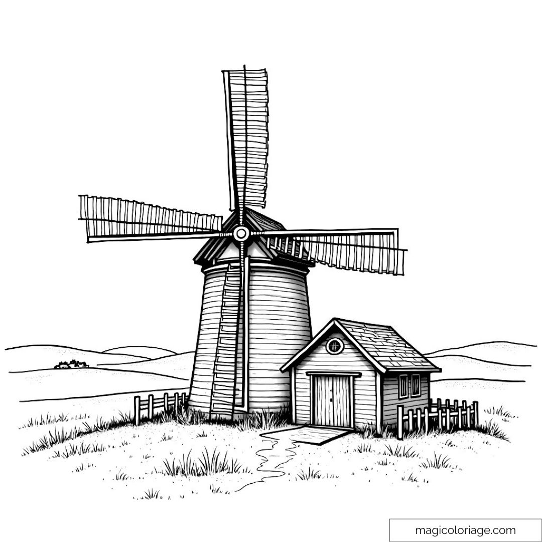 Dessin de moulin à vent et maison de campagne à colorier.