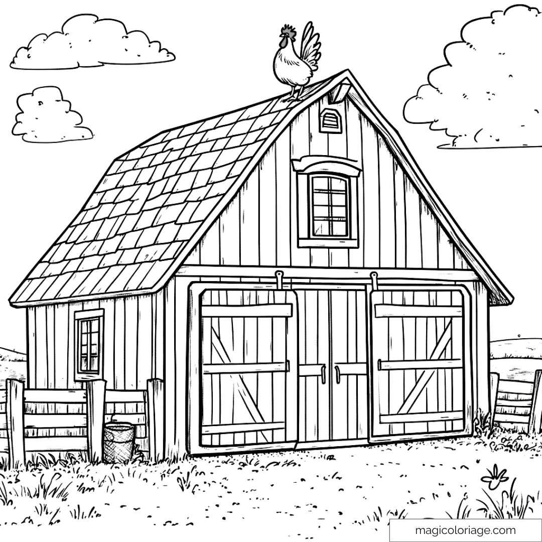 Dessin à colorier d'une grange avec un coq sur le toit