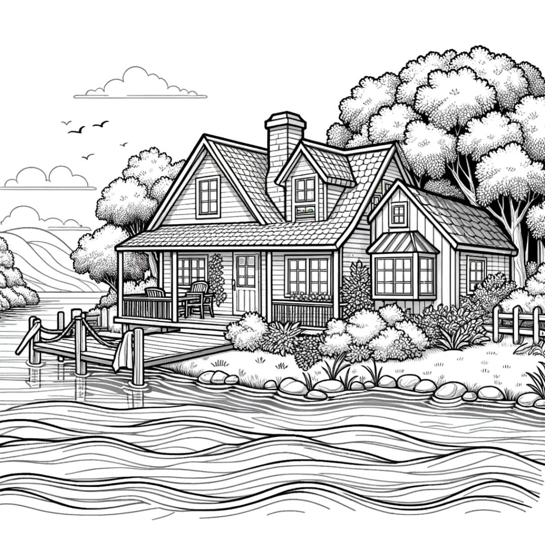 Coloriage de maison au bord d'un lac, invitant à la sérénité et à l'imagination.