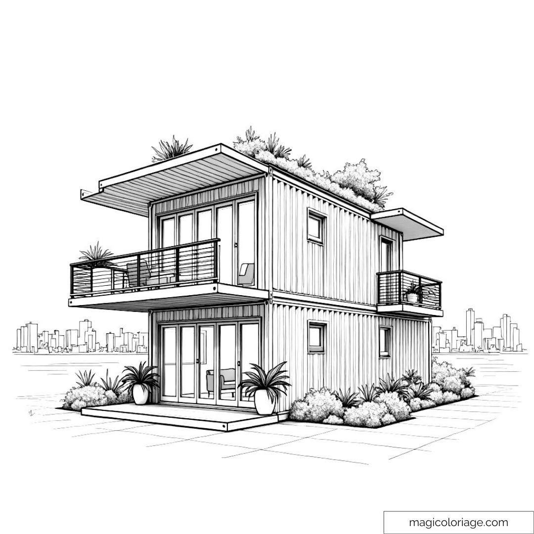 Coloriage en noir et blanc d'une maison container moderne avec terrasse.