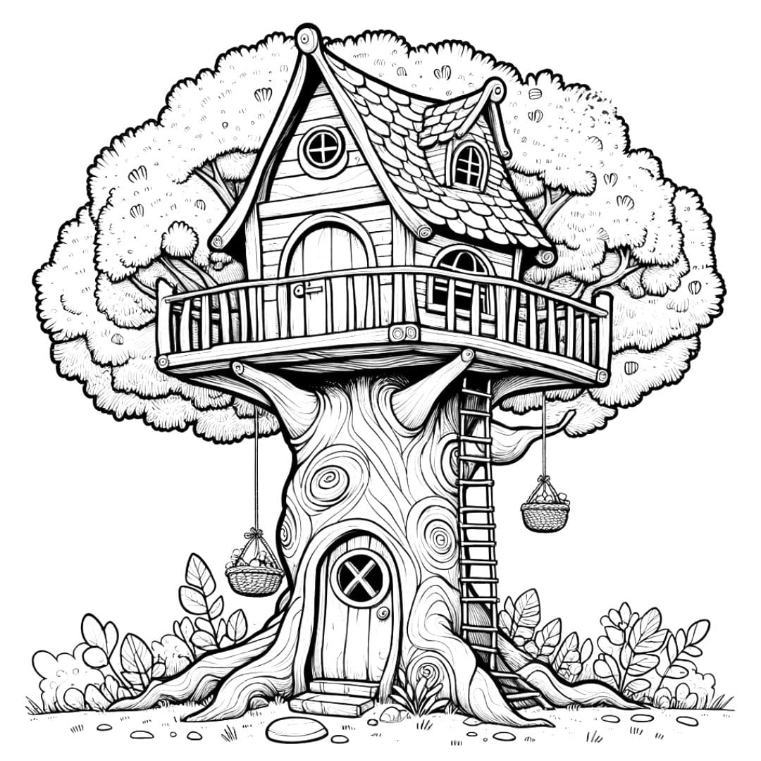 Coloriage de maison dans un arbre pour enfants, stimulant imagination et créativité, facile à colorier.
