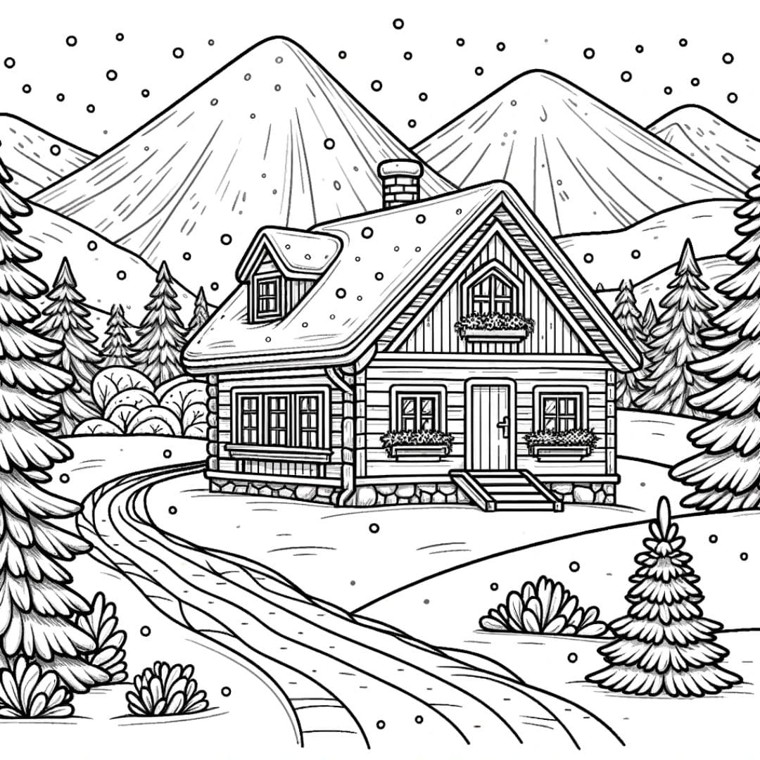 Coloriage de maison de montagne avec chemin enneigé, invitant à la tranquillité des paysages hivernaux.