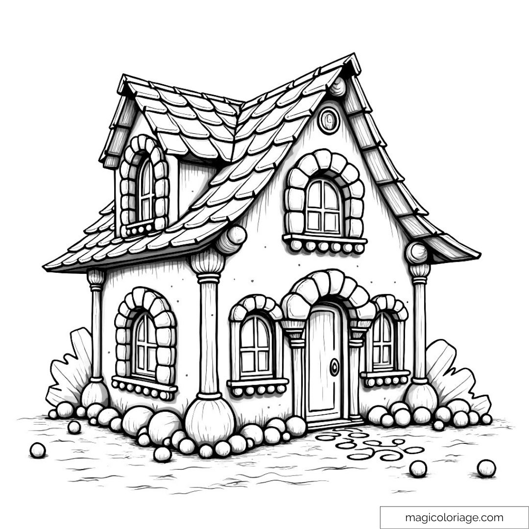 Maison de conte de fées à colorier avec détails enchanteurs