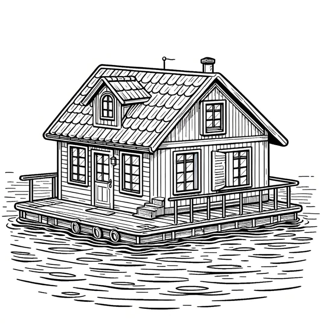 Coloriage de maison flottante, parfait pour les jeunes esprits aventuriers et rêveurs.