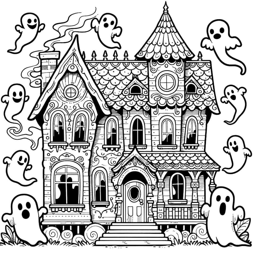 Coloriage de maison hantée avec des fantômes amicaux, pour une exploration joyeuse du monde des esprits.