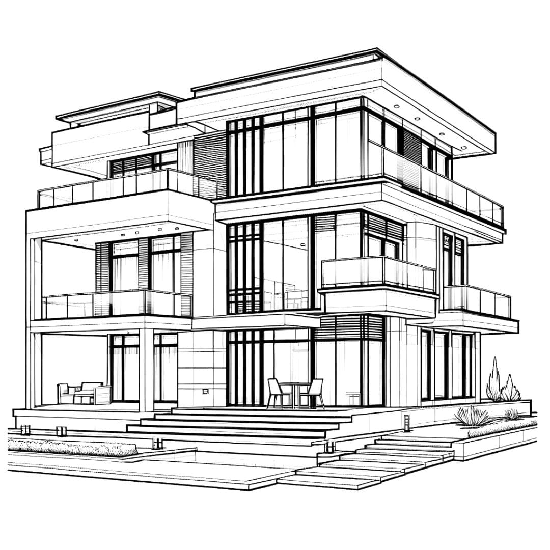 Coloriage de maison moderne à étages multiples, stimulant l'imagination verticale des enfants.