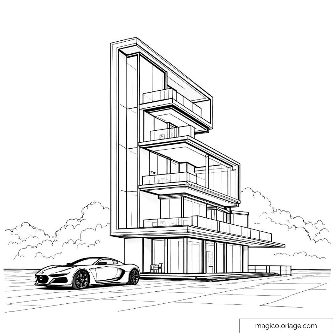 Voiture de sport et maison moderne à colorier
