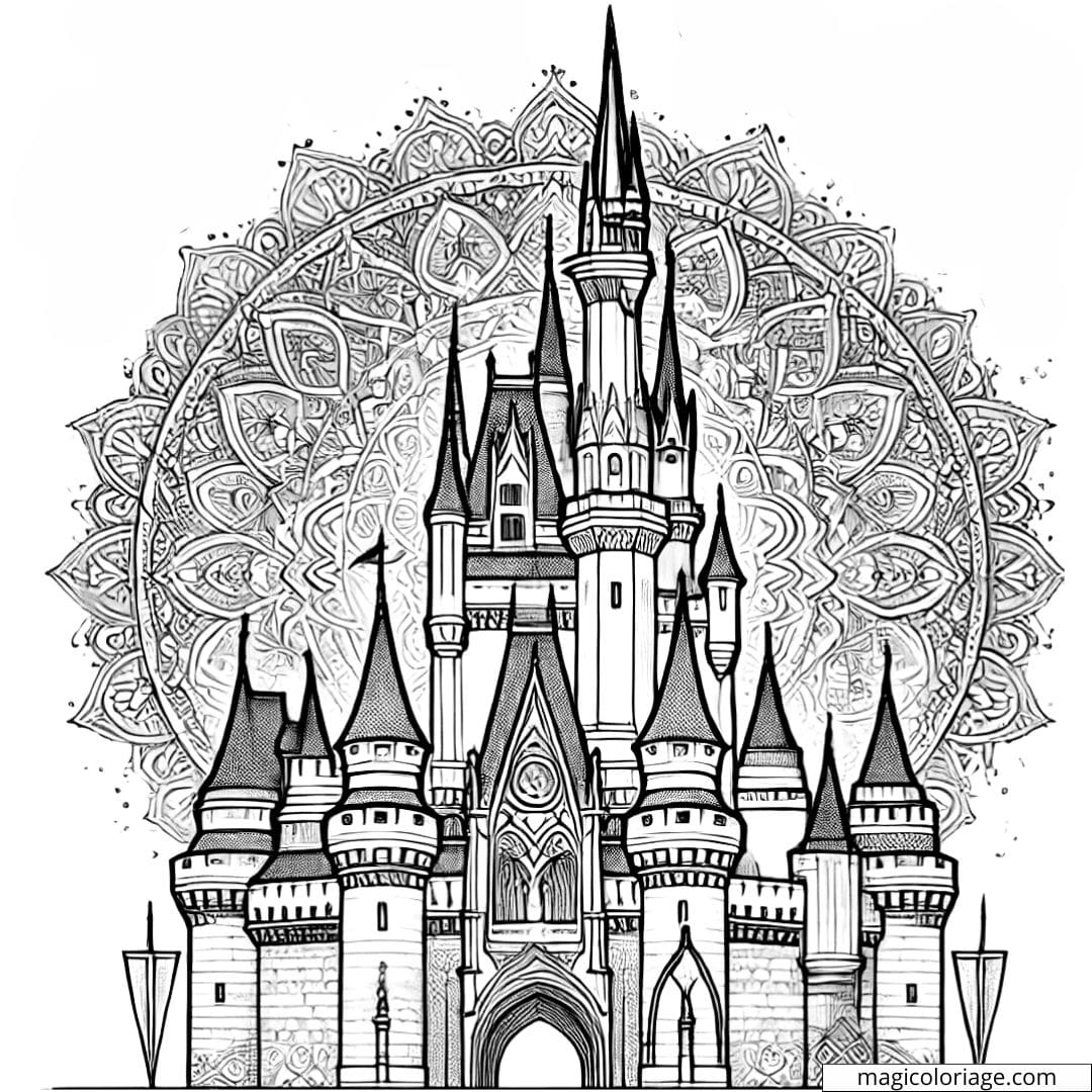 Dessin à colorier d'un château Disney avec motifs mandala, coloriage mandala château Disney à imprimer