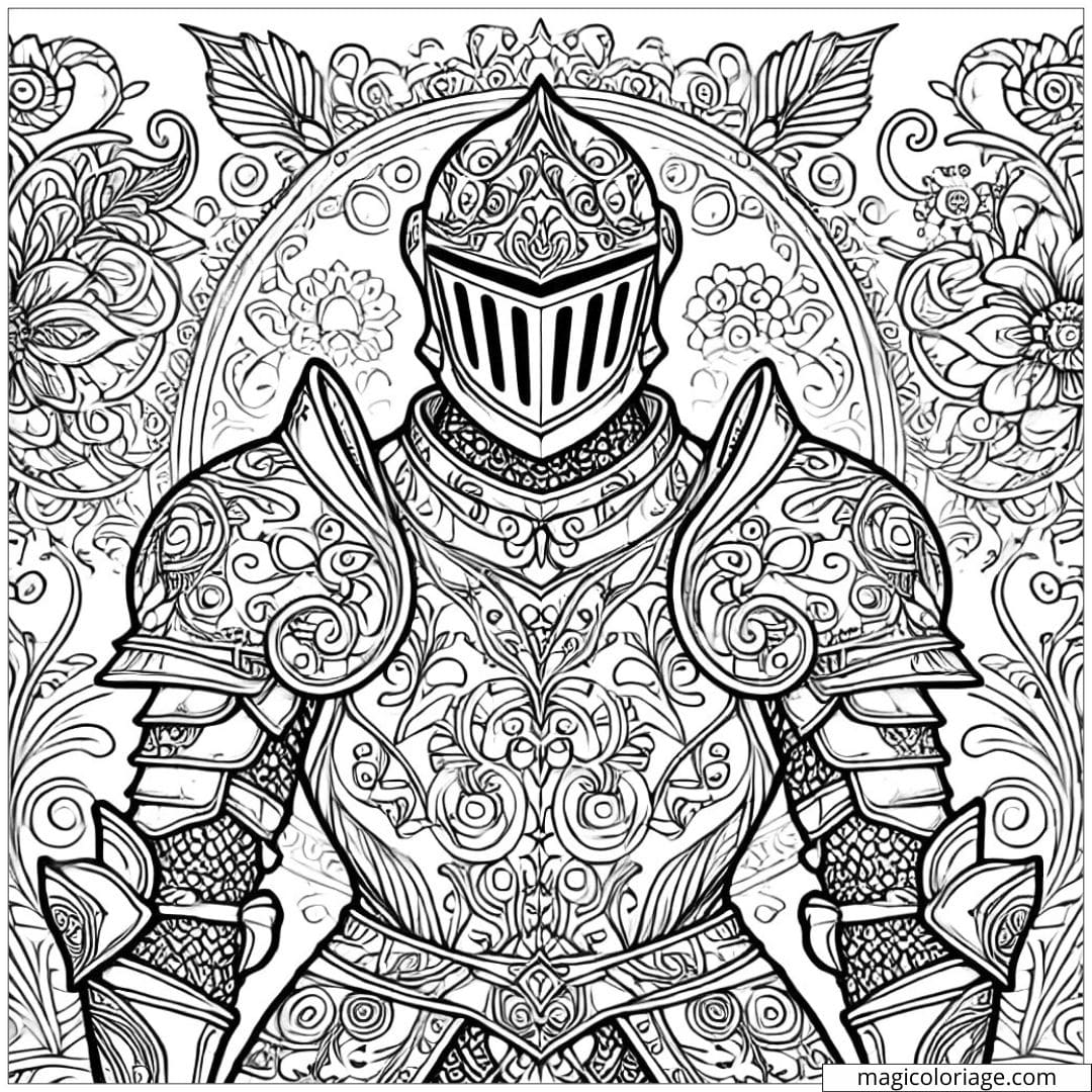 Dessin à colorier d'un chevalier enchanté Disney avec motifs mandala, coloriage mandala chevalier enchanté Disney à imprimer